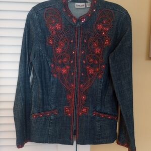 Chico's Women's Denim Jacket with Coral Embroidery